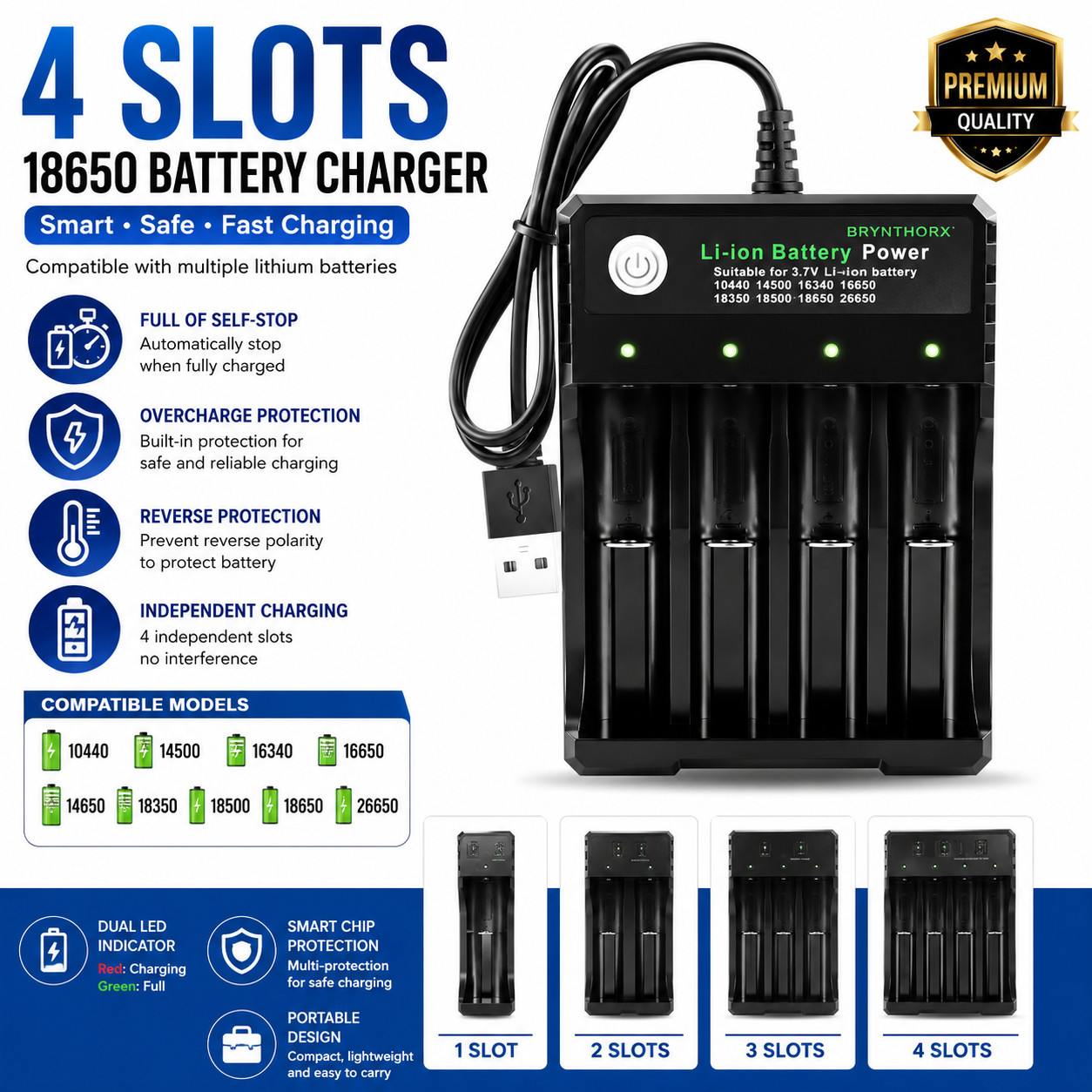 18650 Battery Charger 1/2/4 Slots Dual 18650 Charging 3.7V Rechargeable Lithium