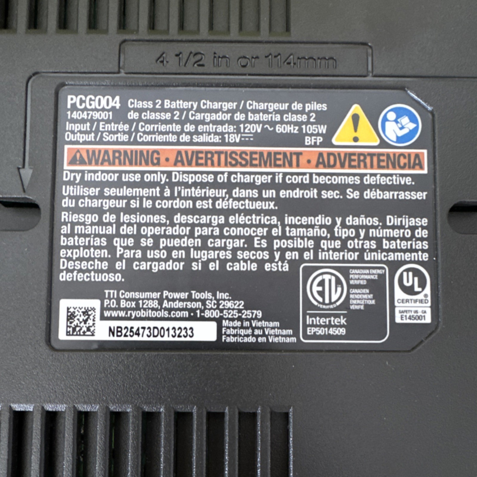 Ryobi ONE+ PCG004 Battery Charger Green 18V Single Battery Fast Charging