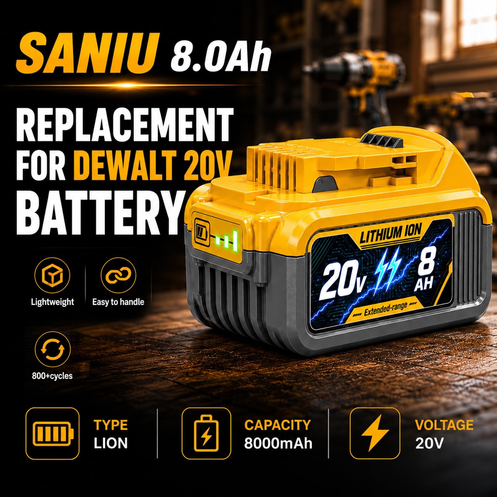 Saniu 1 Pack 8.0Ah Replacement For Dewalt 20V Battery Long-Lasting Lithium-Ion