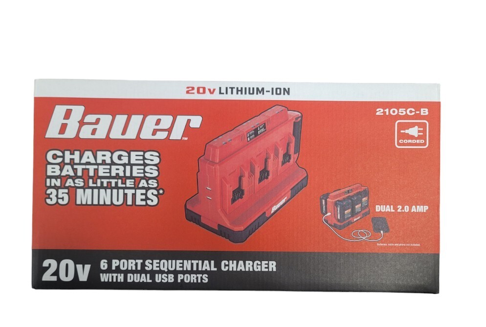 BAUER 20V 6-Port Sequential Charger with Dual USB Ports