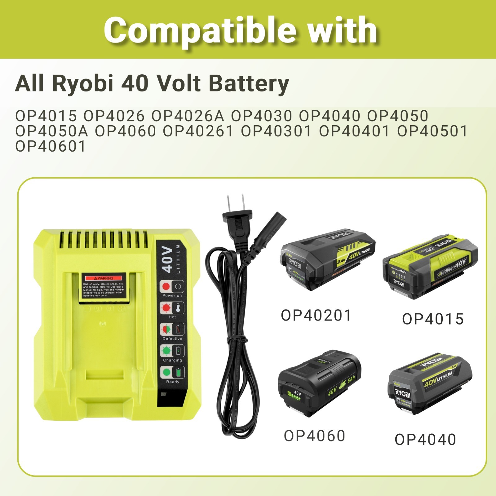 Rapid Battery Charger for Ryobi 40V Battery OP4050A OP4015 OP4026 OP4030 OP4040