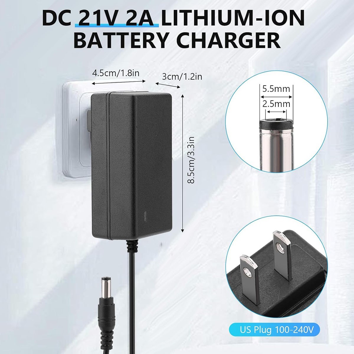 21V 2A Lithium Battery Charger Adapter for Headlight, Toy Car, Electric Drills