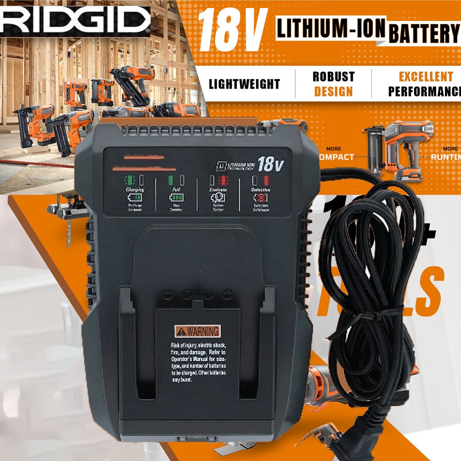 NEW Battery Charger For Ridgid R840085 Lithium Battery Rigid 18V R840087 R840083