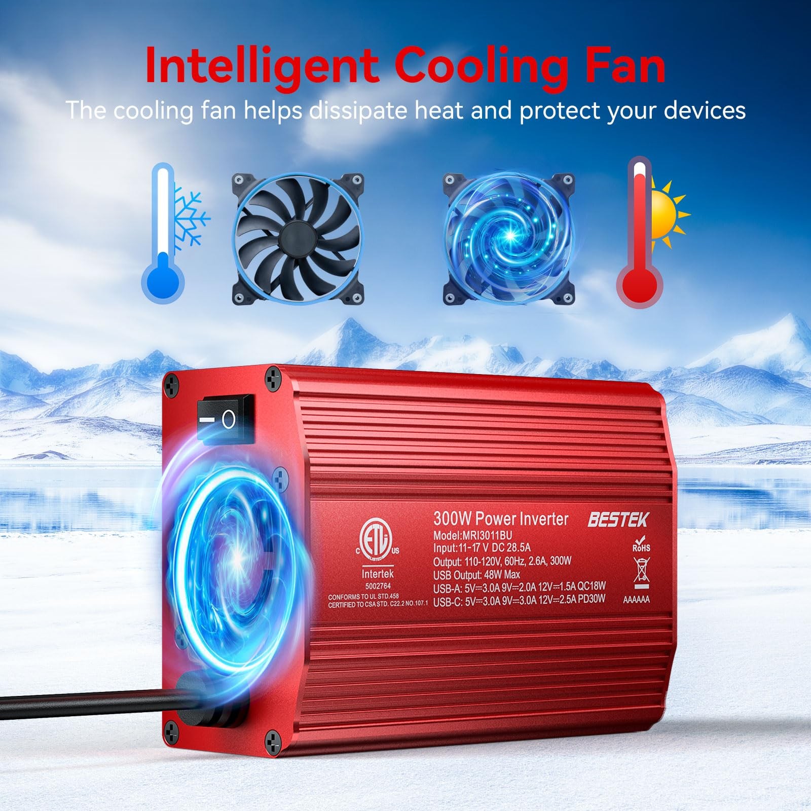 BESTEK 300W Car Power Inverter 12V to 110V w/ PD30W USB-C & USB-A – Aluminum Hou