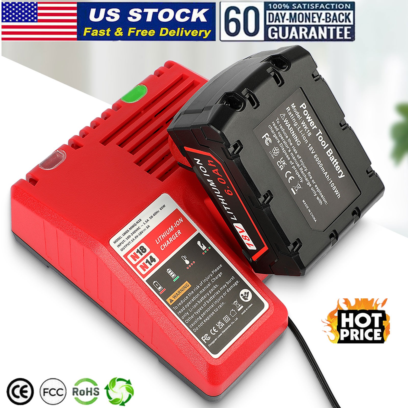 Charger For Milwaukee 18V for M18 XC Lithium Battery 48-11-1860 48-11-1815 C18B