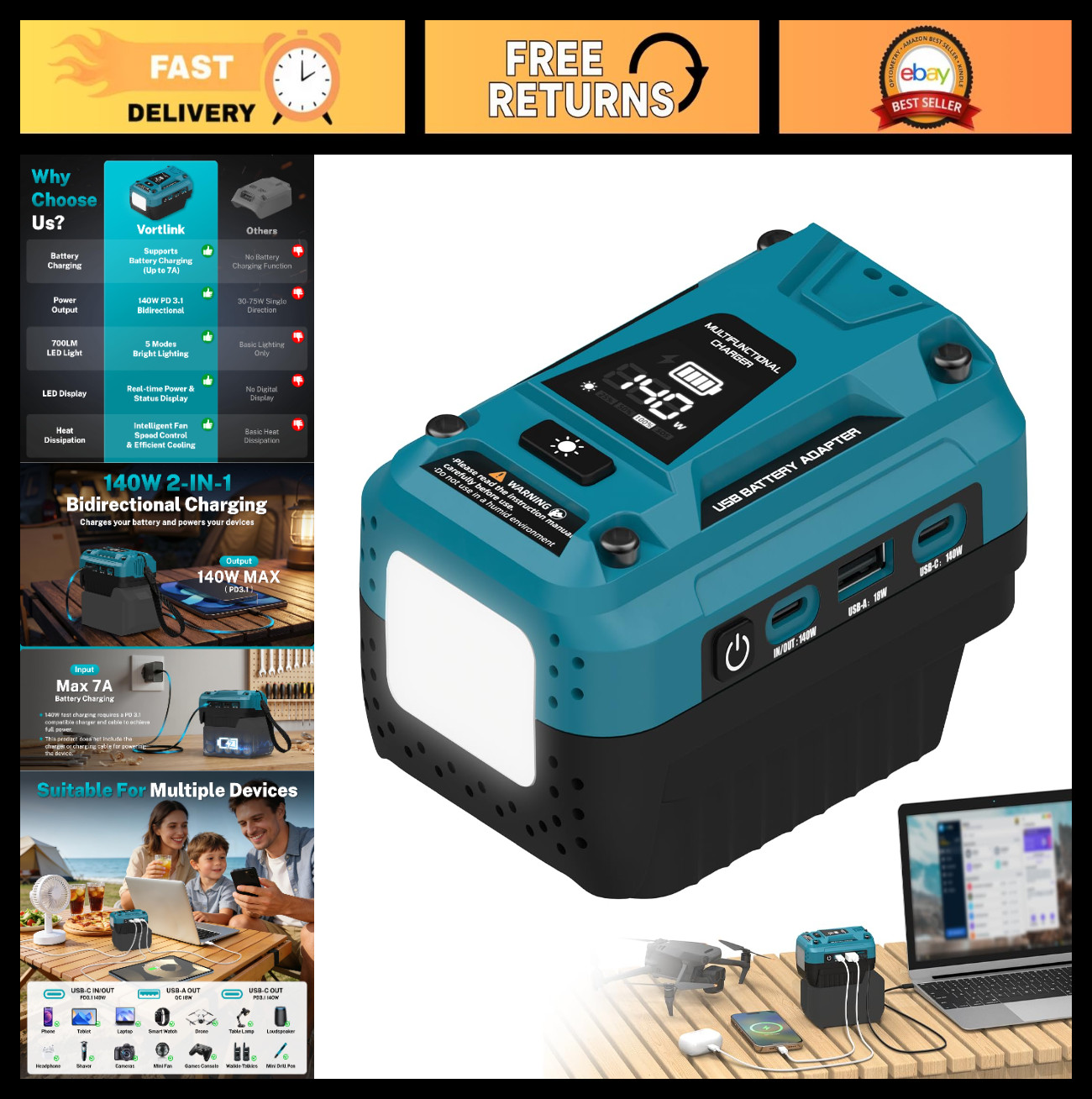140W PD3.1 Battery Charger Adapter for 18V Batteries, Dual USB-C & USB-A Ports,