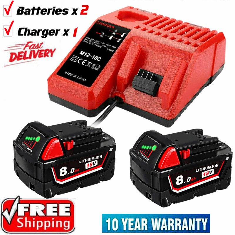 2PACK 8.0AH For Milwaukee M18 Battery High Capacity Lithium 48-11-1890 & Charger