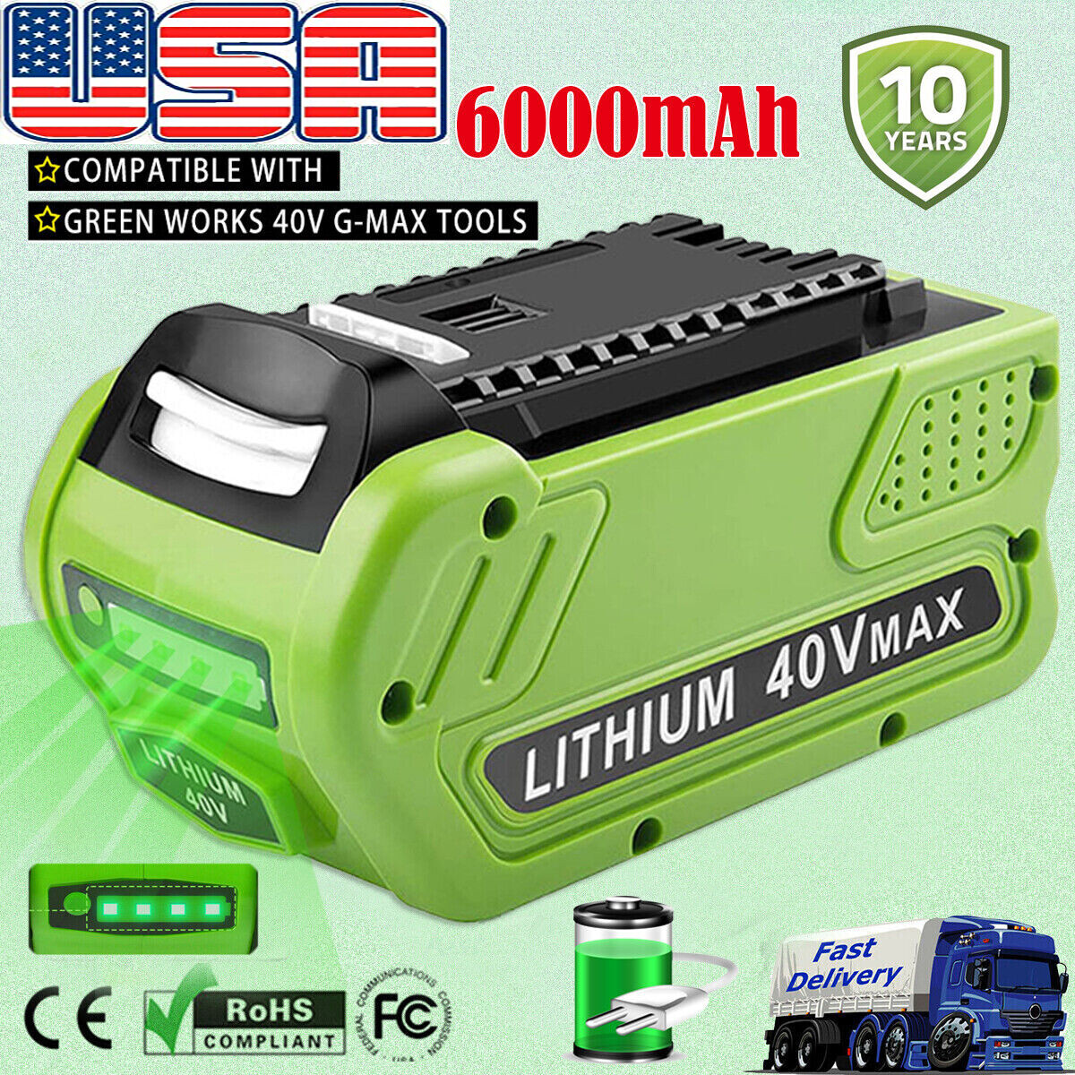 6.0Ah For Greenworks 40V Lithium G-MAX Battery 29462 29482 29252 29472 Cordless