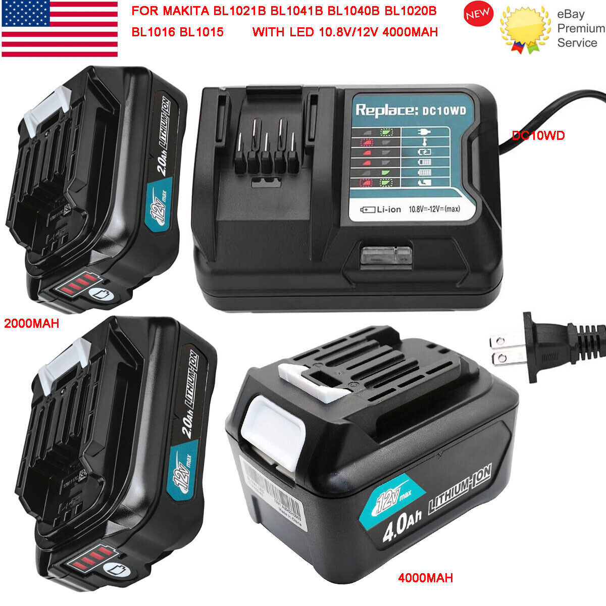 4.0Ah Makita 12V MAX CXT Li-ion BL1041B BL1021 1016 10.8V Battery DC10WD Charger