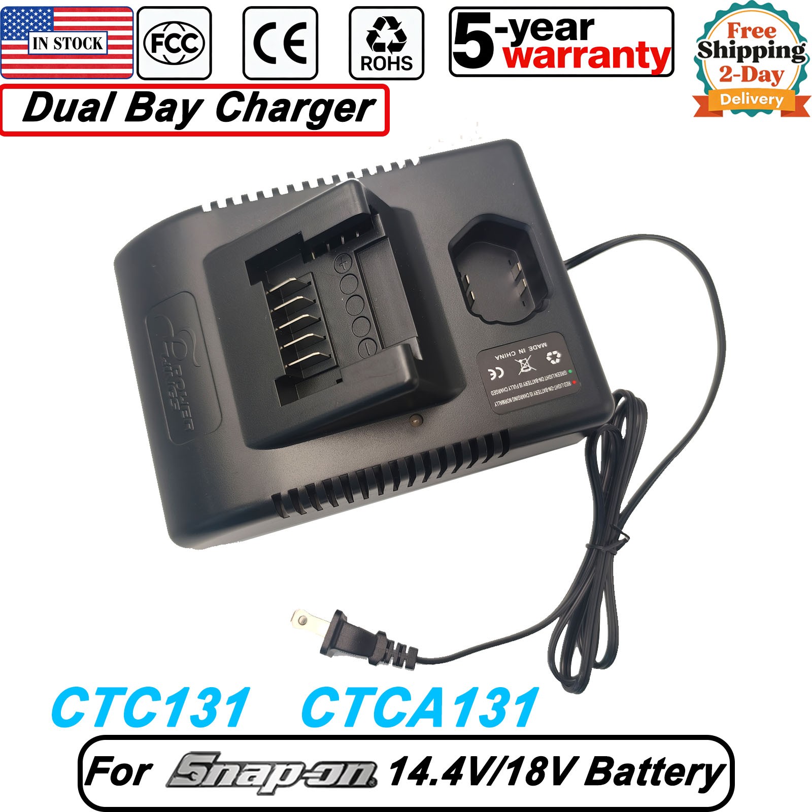 For Snap-on CTC131 Charger Dual Port 14.4V 18V Li-ion CTB8174 CTB8185 CT861 US
