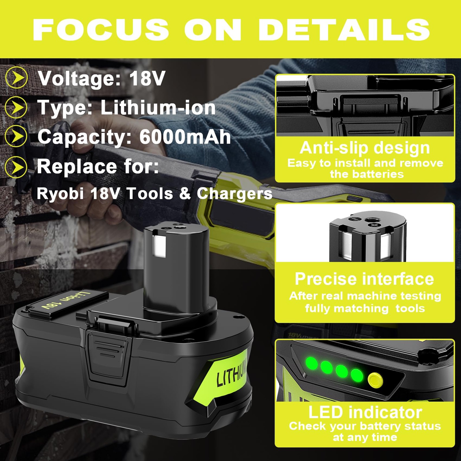 2Pack 18V 6.0Ah Li-Ion Battery and Charger Combo, Replacement for Ryobi ONE+…