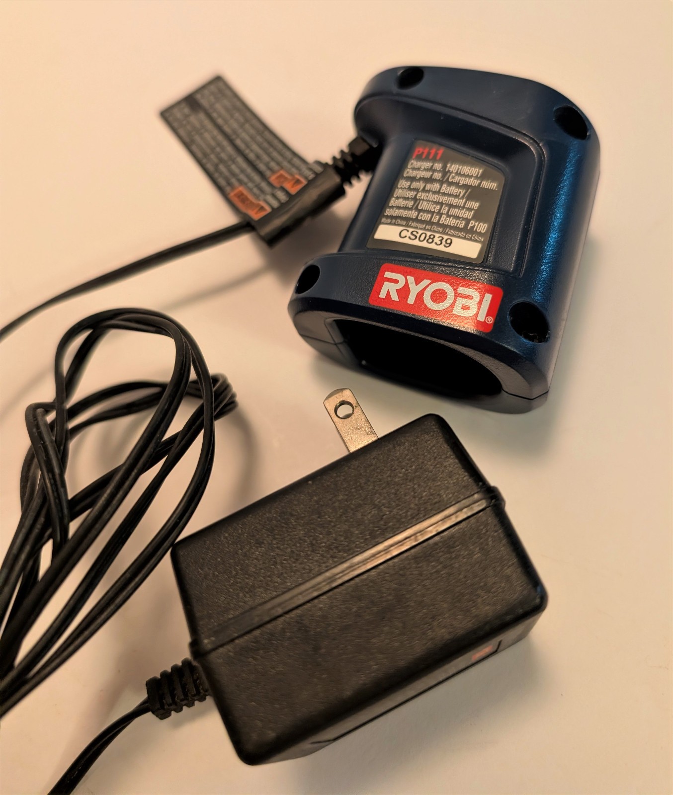 RYOBI Battery Charger P111 A/C Power Adapter Plug Cable #CS0839