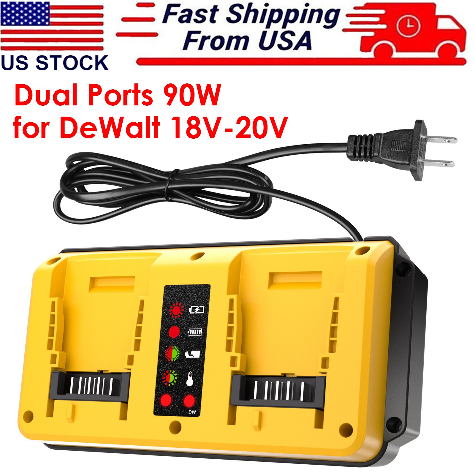 Dual Ports 90W Fast Charger for DeWalt 18V-20V MAX Lithium Battery DCB203 DCB204