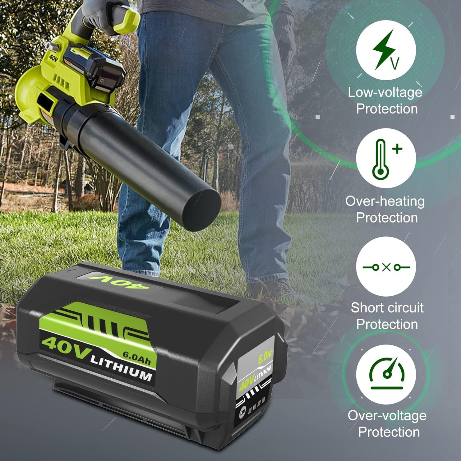 Pack 6.0Ah Replacement for Ryobi 40V Lithium OP40602 Battery With LED/Charger