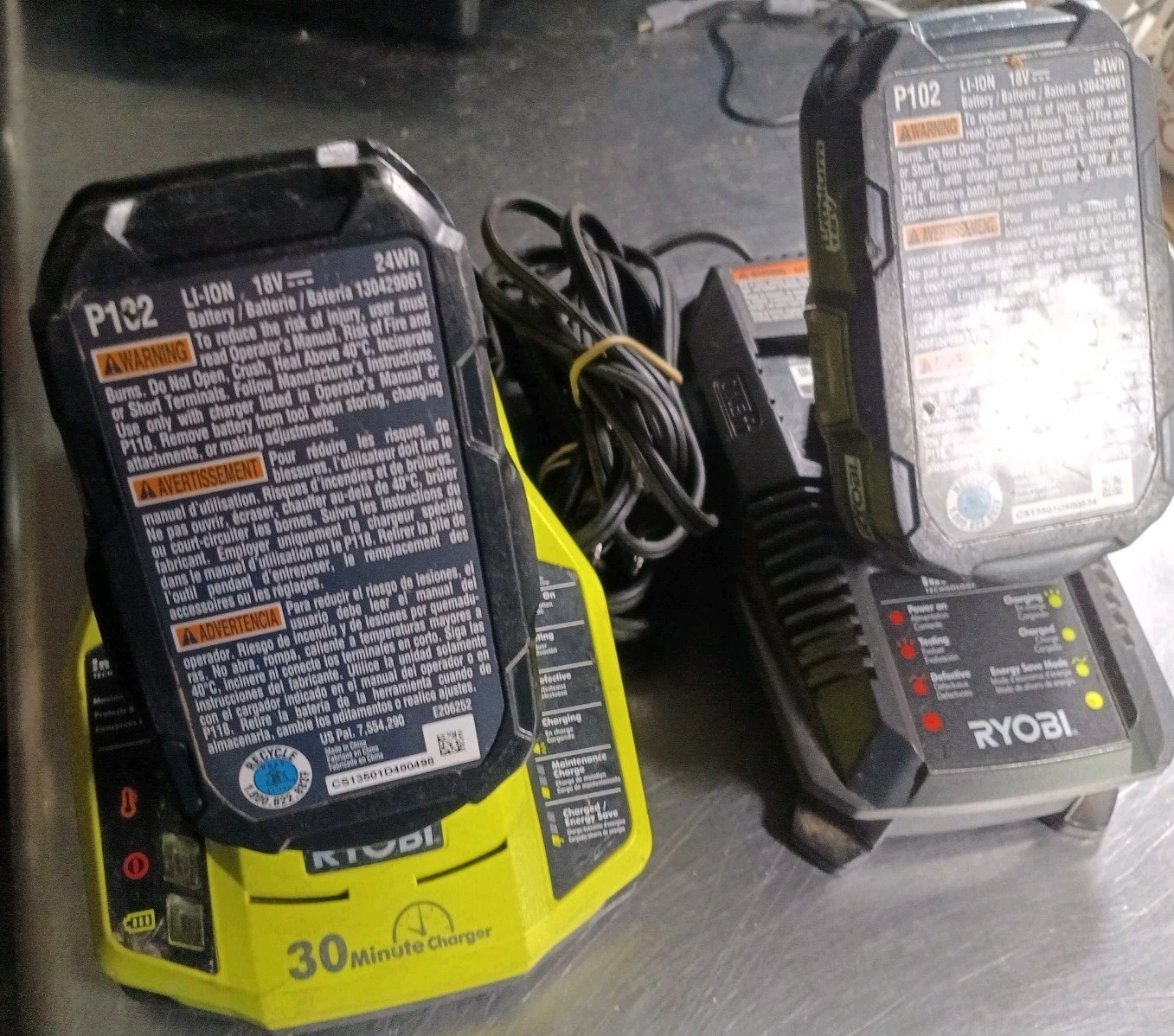 Ryobi P117 18V ONE+ Fast 30 Min. & P118 Chargers & 2 P102 18v Lithium Batteries