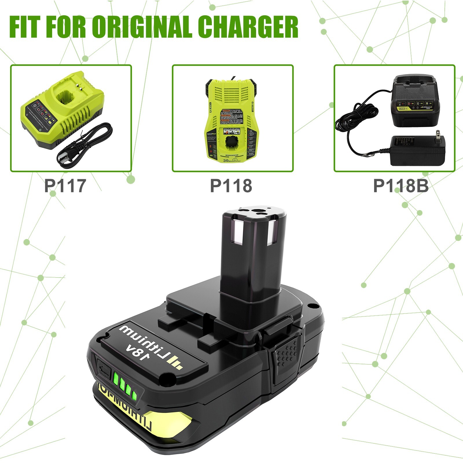 2 pack 18 Volt P102 Lithium-Ion Battery replacement For Ryobi 18V P108 P107 P103