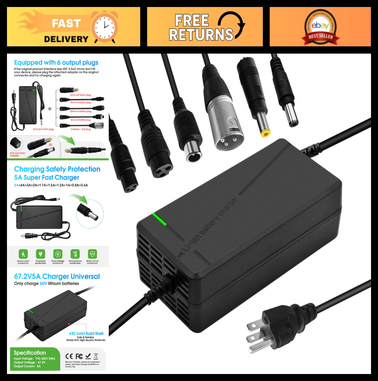 67.2V 5A Multi-Voltage Charger with 6-in-1 Plug for 60V Lithium Batteries – Car,
