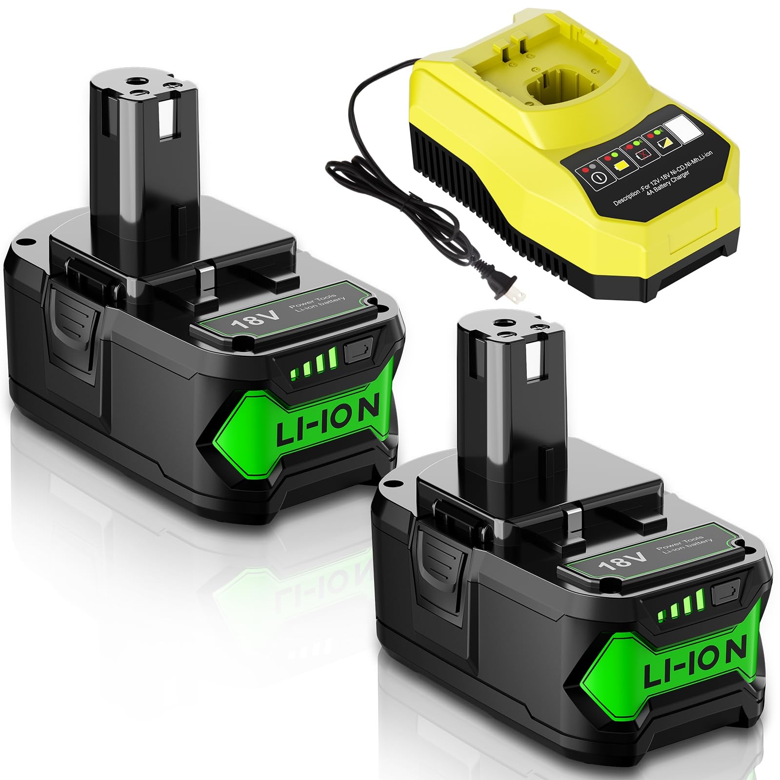 Junwood 2Pack 8.0Ah Replacement For Ryobi 18V Lithium Battery P117 Charger