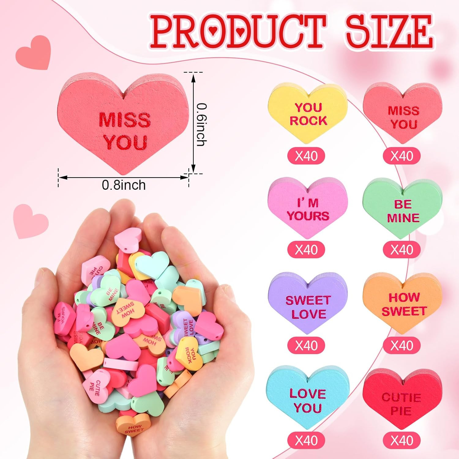 320 Pcs Valentine’S Day Wooden Heart Beads Conversation Hearts Beads 16 Mm Heart