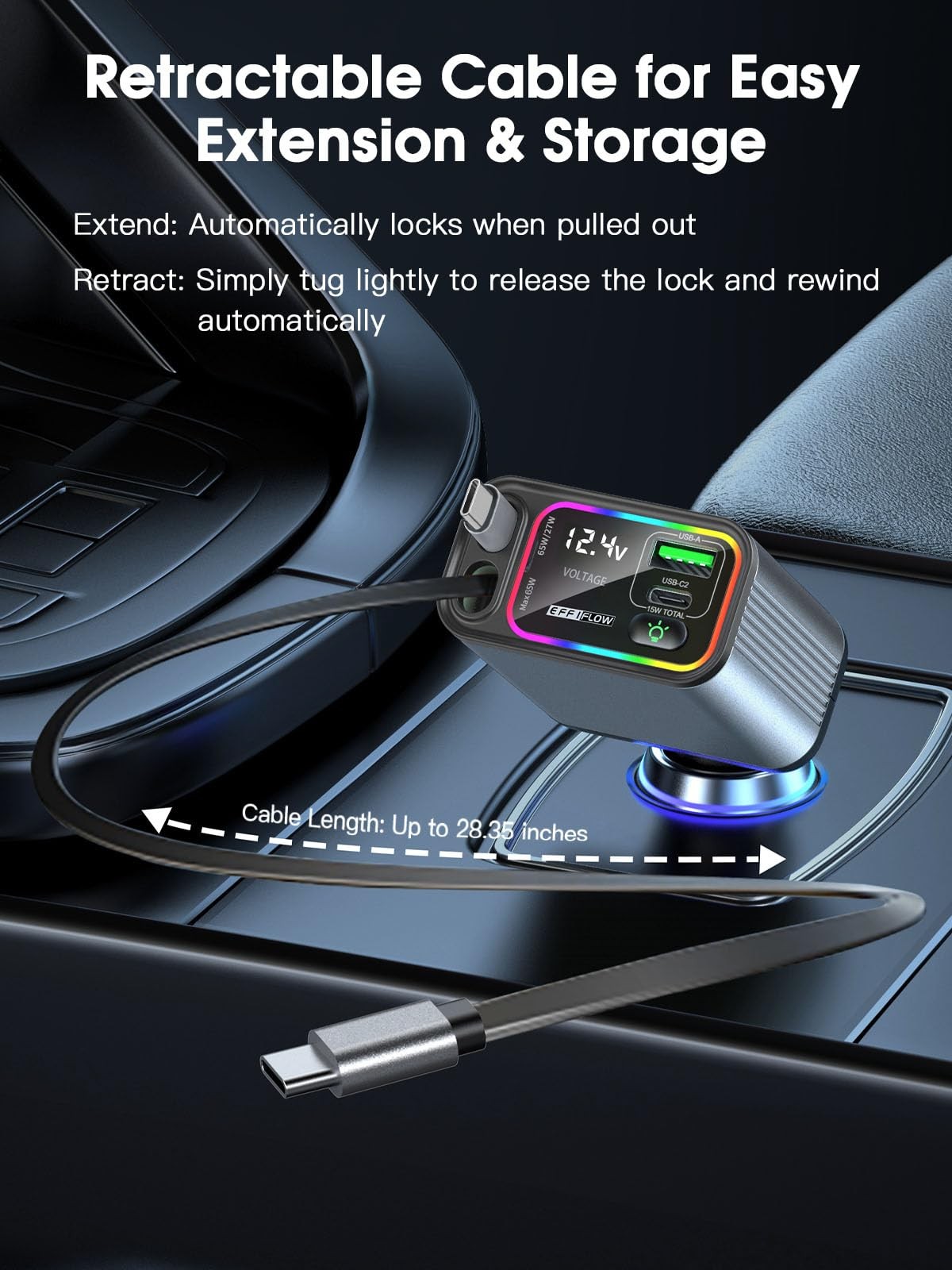 EFFIFLOW 145W USB C Car Charger Dual Retractable Fast Charge Type C Cable