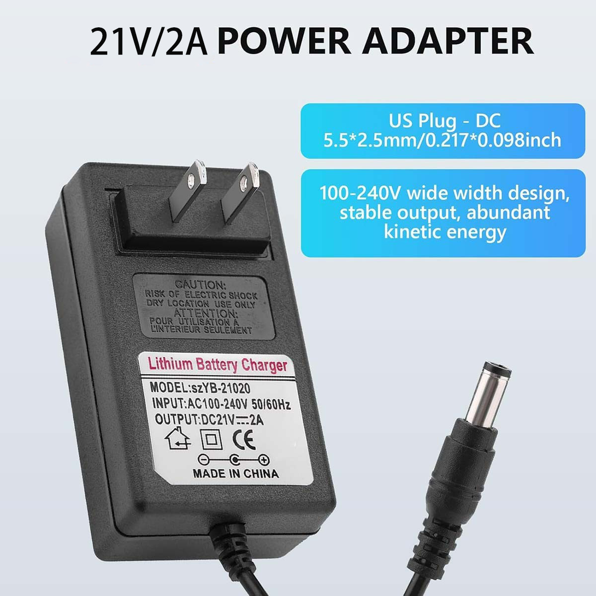 21V 2A Lithium Battery Charger Adapter for Headlight, Toy Car, Electric Drills