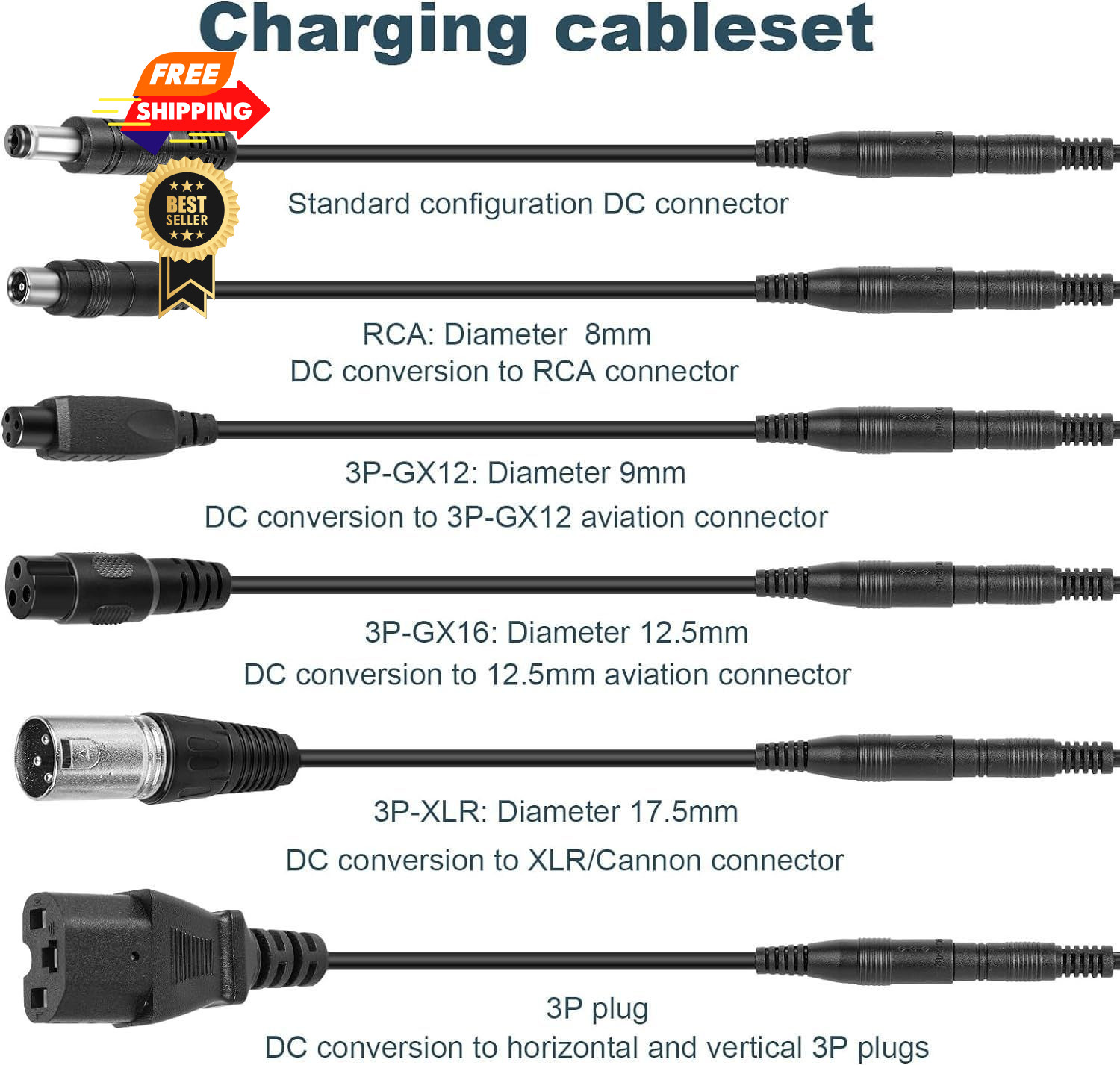 42V 2A Charger with 7 Plugs 7 for 36V Lithium, black