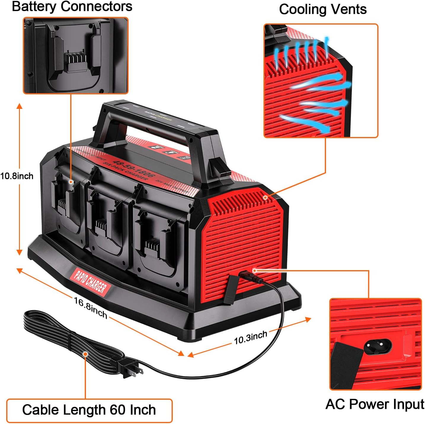 6-Port Simultaneous Battery Charger Compatiblewith Milwaukee M18 18V Lithium-Lon