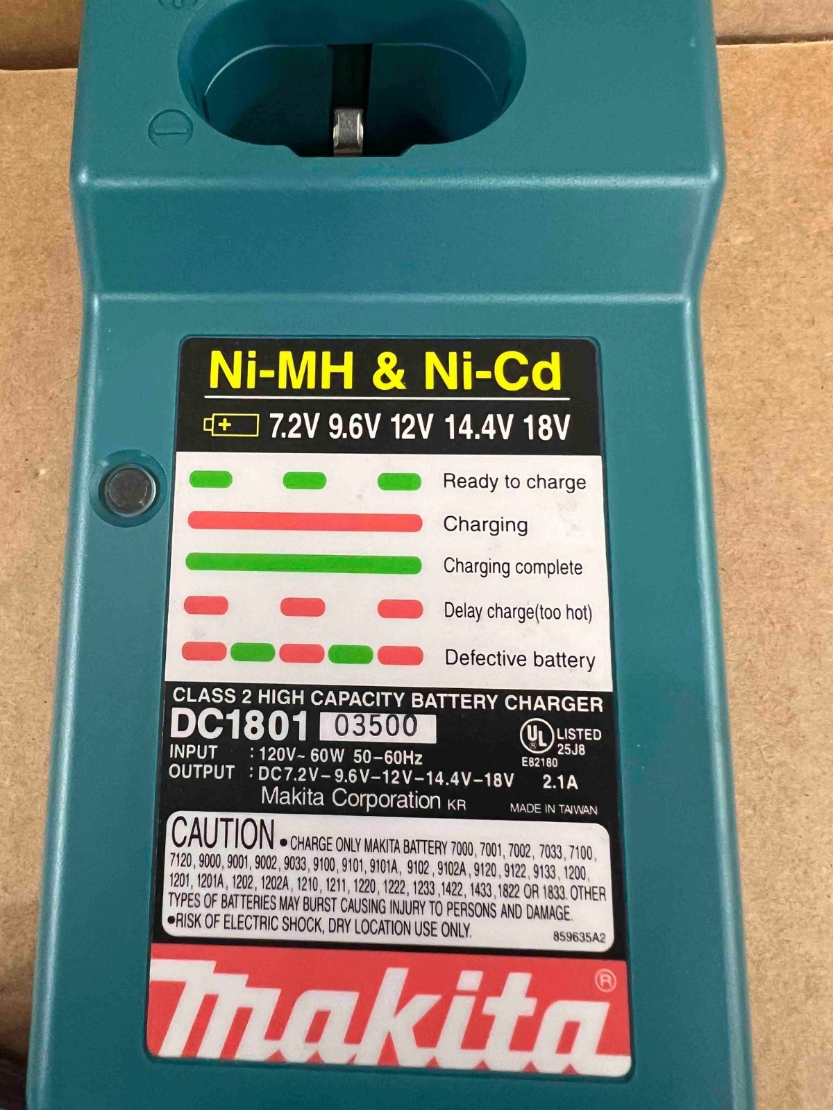 Makita 7.2V 9.6V 12V 14.4V 18V High Capacity Battery Charger Model DC1801 TESTED