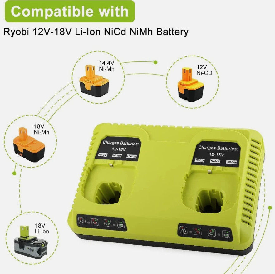 P107 P108 P117 2 Port 12-18V Dual Charger for Ryobi Li-ion Ni-CD Ni-MH Battery