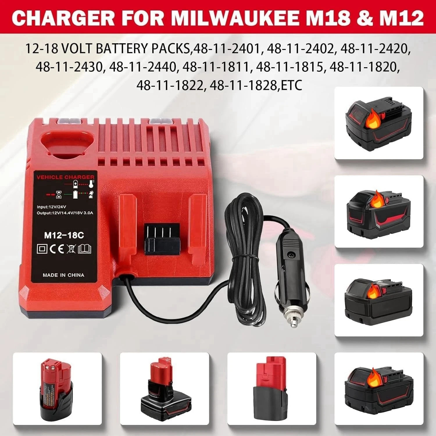 M12 & M18 Multi Voltage Car Charger Milwaukee 12V-18V Lithium Red