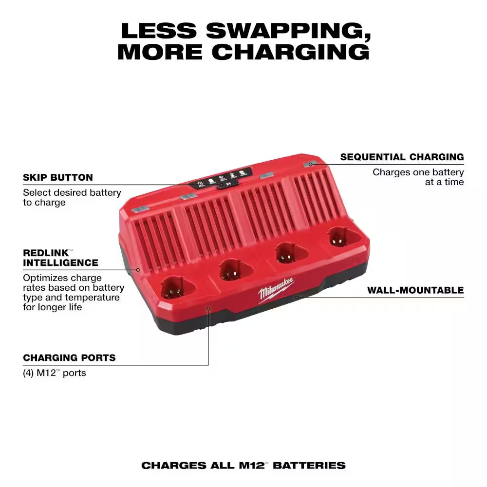Milwaukee 4 Port Sequential Battery Charger M12 12 Volt Lithium Ion One Hour
