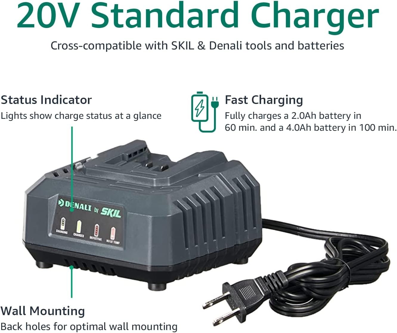 Denali by SKIL 20V 2.4A Standard Charger Cross-compatible SKIL PWRCORE 20 Power