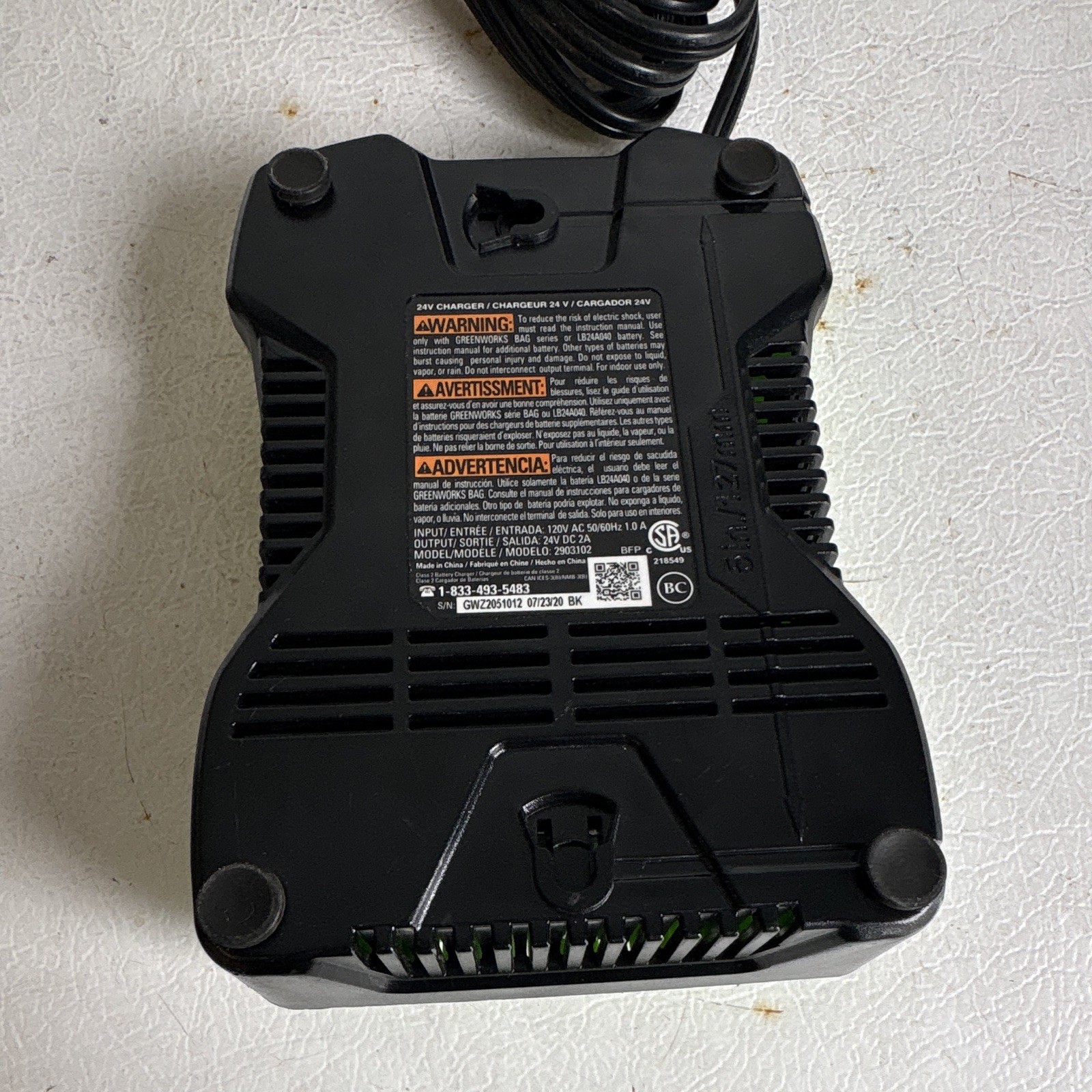 Greenworks 24V Lithium Battery Charger, Model/MPN 2933102, Green, 1-Battery