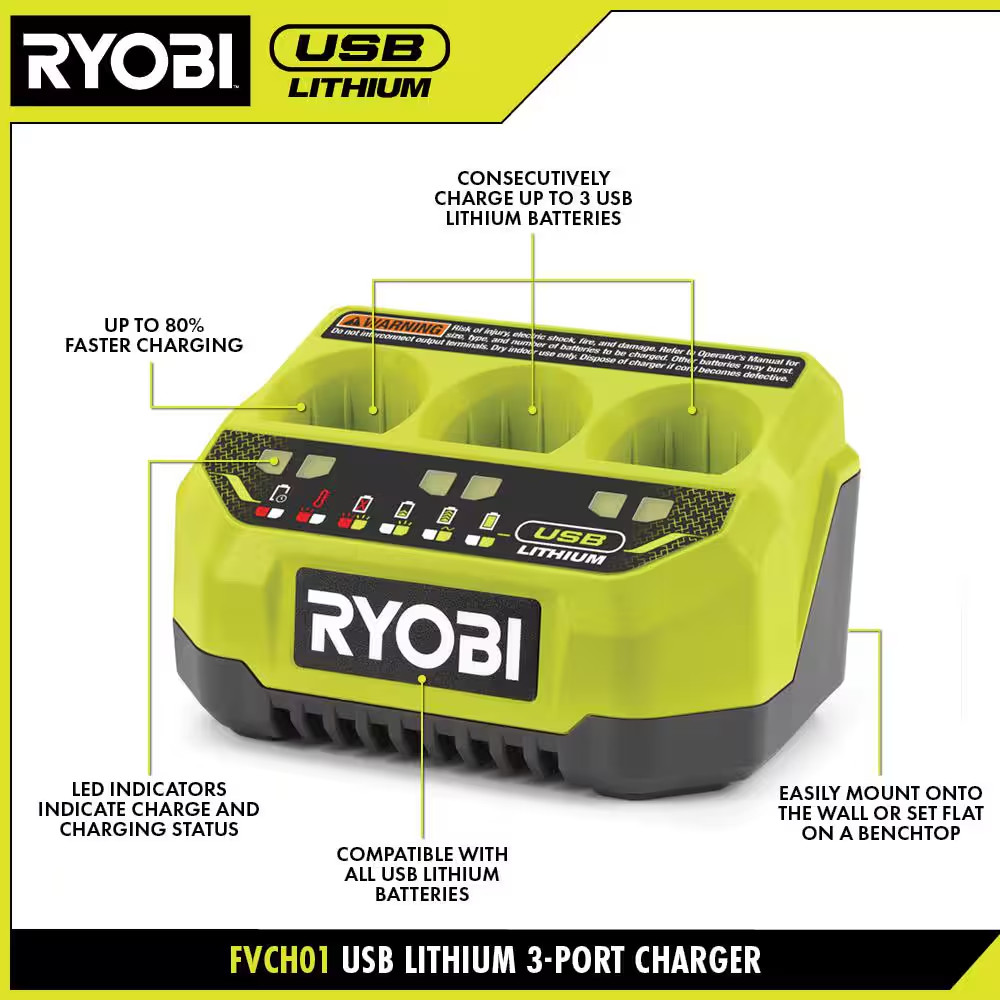 Ryobi USB Lithium 3 Port Fast Charger FVCH01 New sealed (NOT for 18v ONE+ !!)