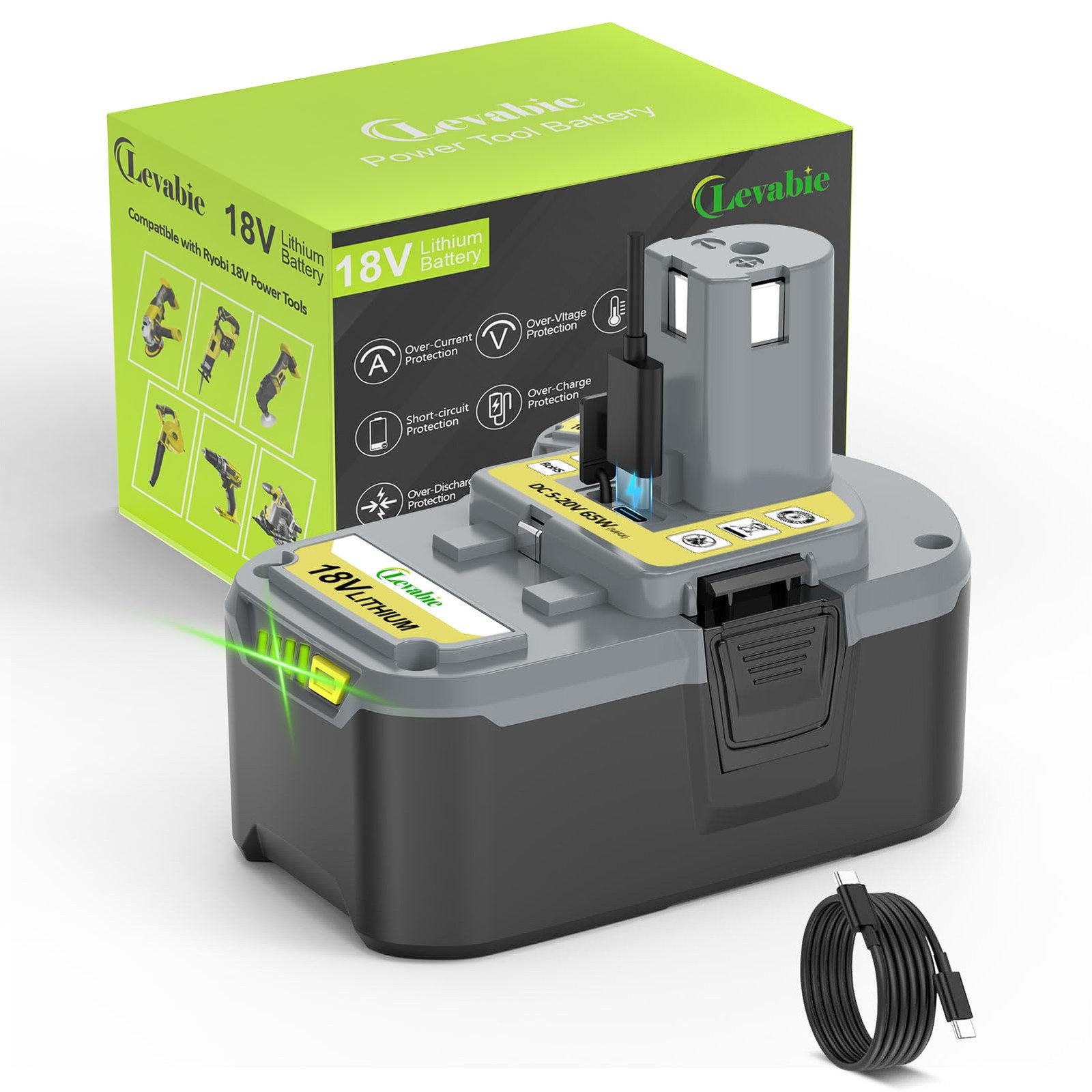 clevabie 【USB-C Fast Charge】 18V4.0AH Replacement 5.32in*3.22in*5.91in, Black