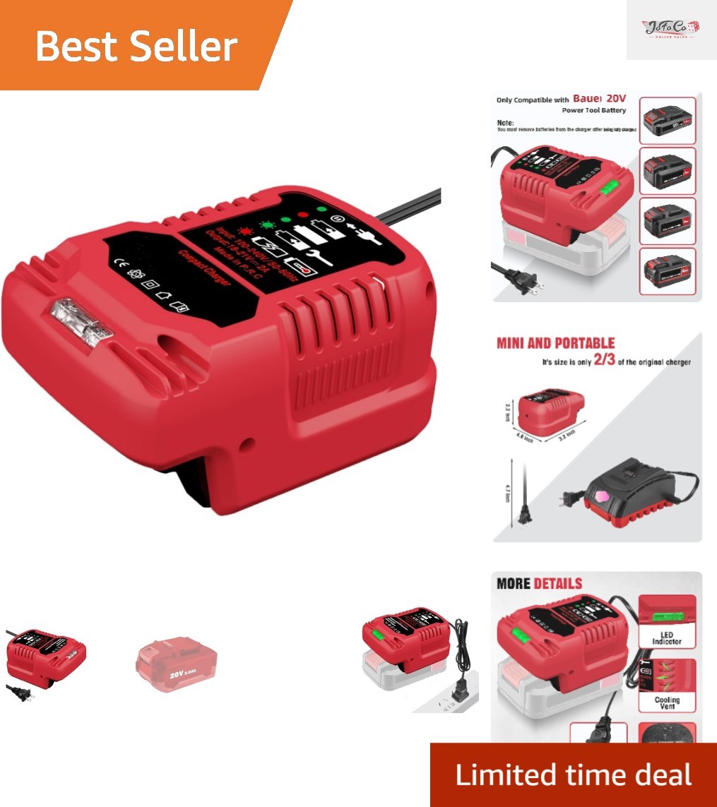 Compact Bauer 20V Battery Charger – Travel-Ready 110V Input, LED Charging Status