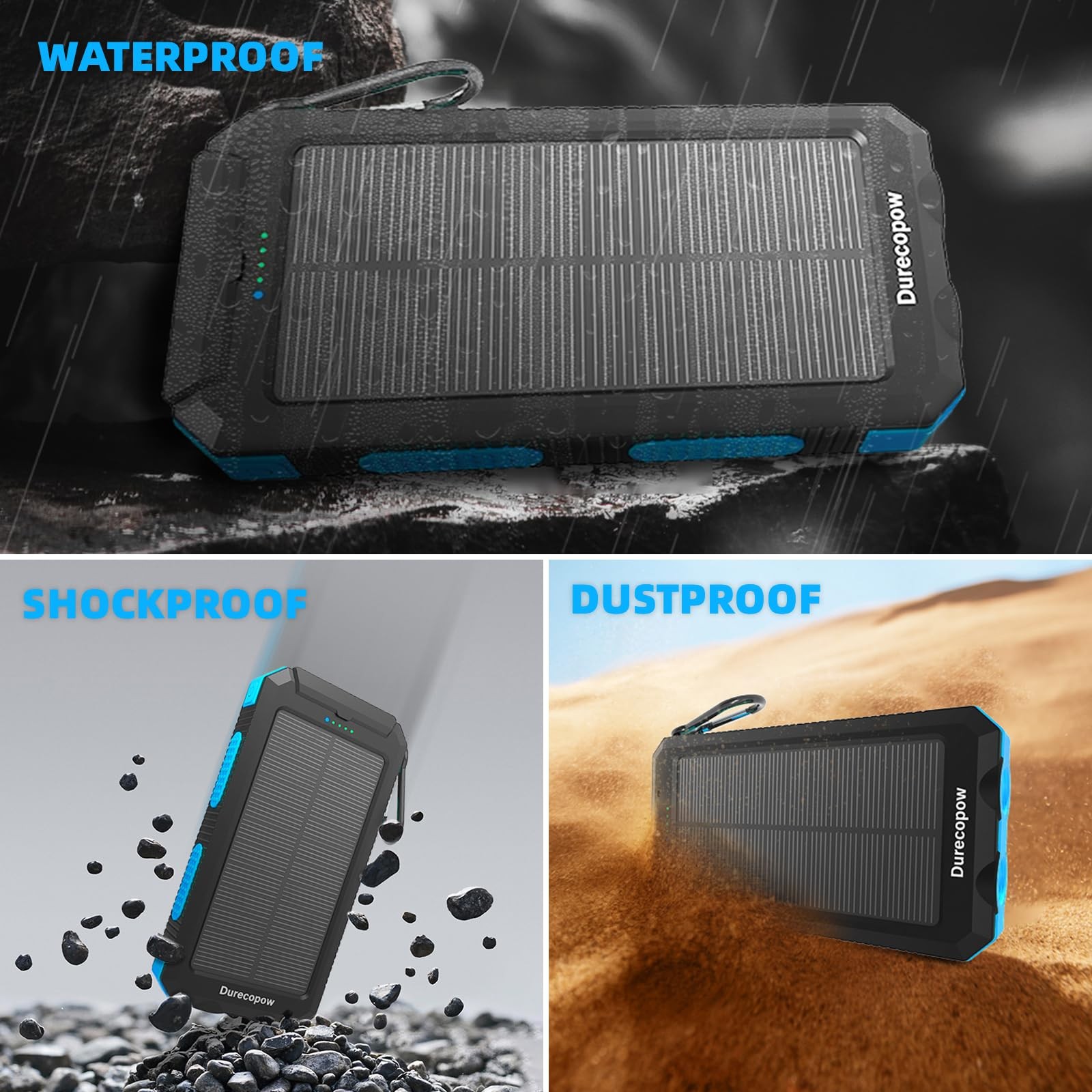 Durecopow 20000mAh Solar Power Bank, Portable Charger, 4 Cables & 3 USB Ports