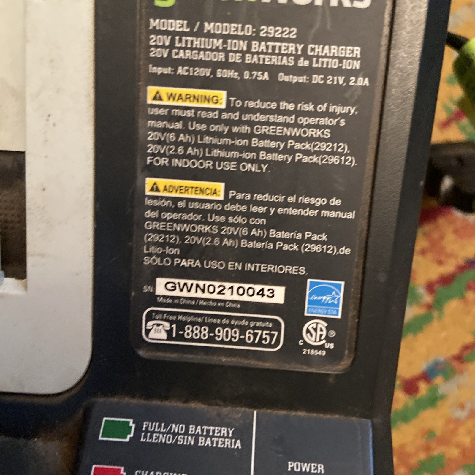 Greenworks 20 Volt charger Model 29222, Lithium