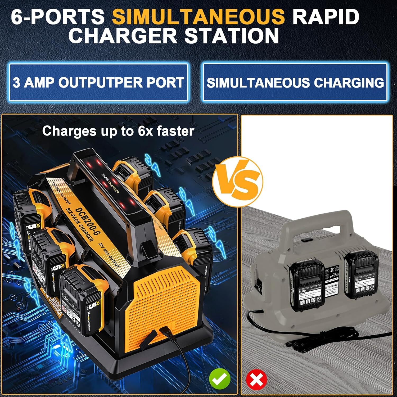 6-Ports Rapid Battery Charger Station for Dewalt 20V/60V Battery DCB200 DCB206