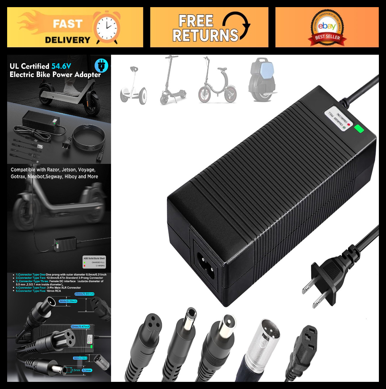 5-in-1 Fast Charger 54.6V for 48V 13S Lithium Batteries – UL Certified, Versatil