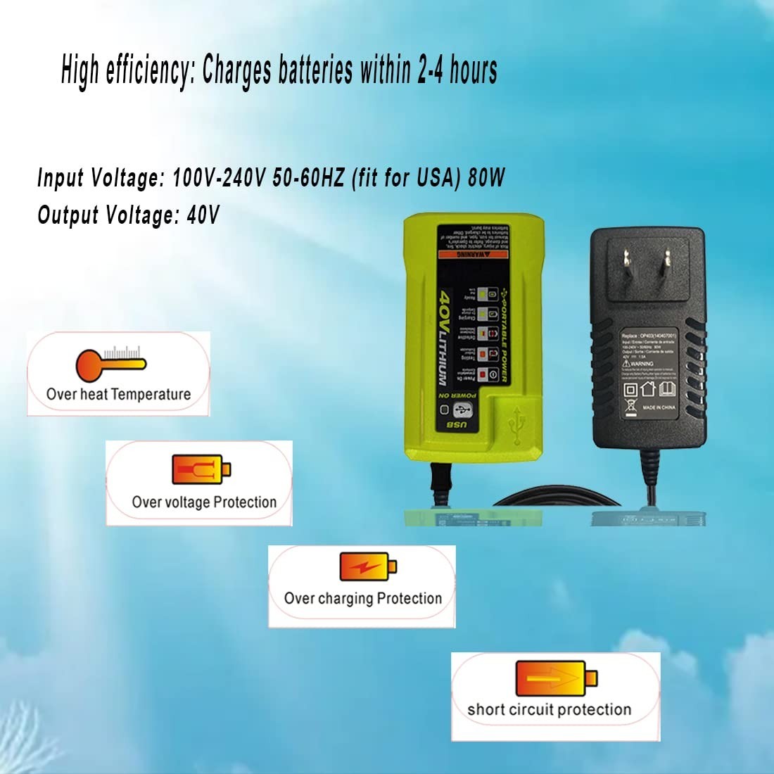40V Lithium Battery Charger with USB, Compatible with Ryobi OP403 OP404 & More