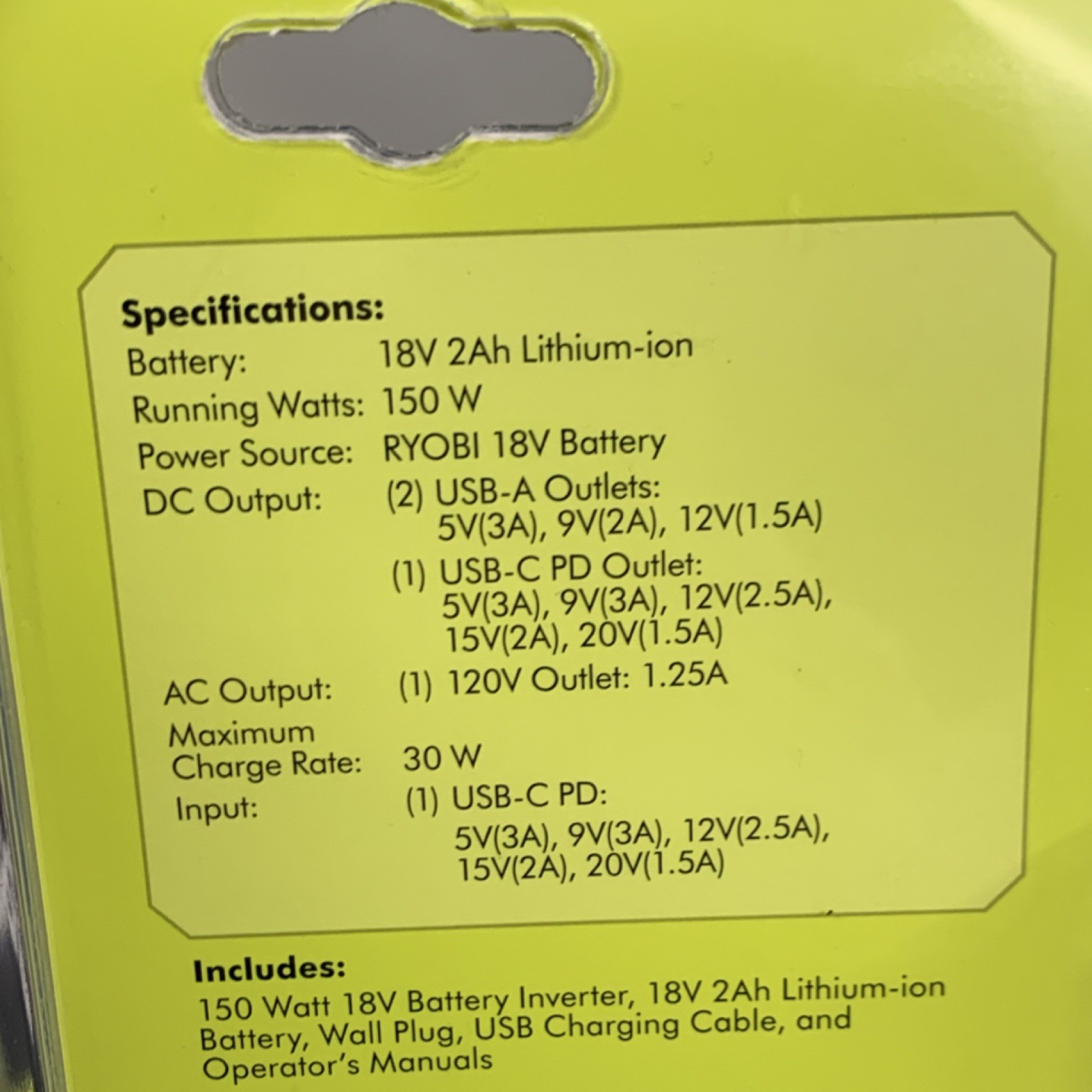 Ryobi RYI150CVNM 18V ONE+ 150W Power Source Charger USB-C USB-A w/Battery