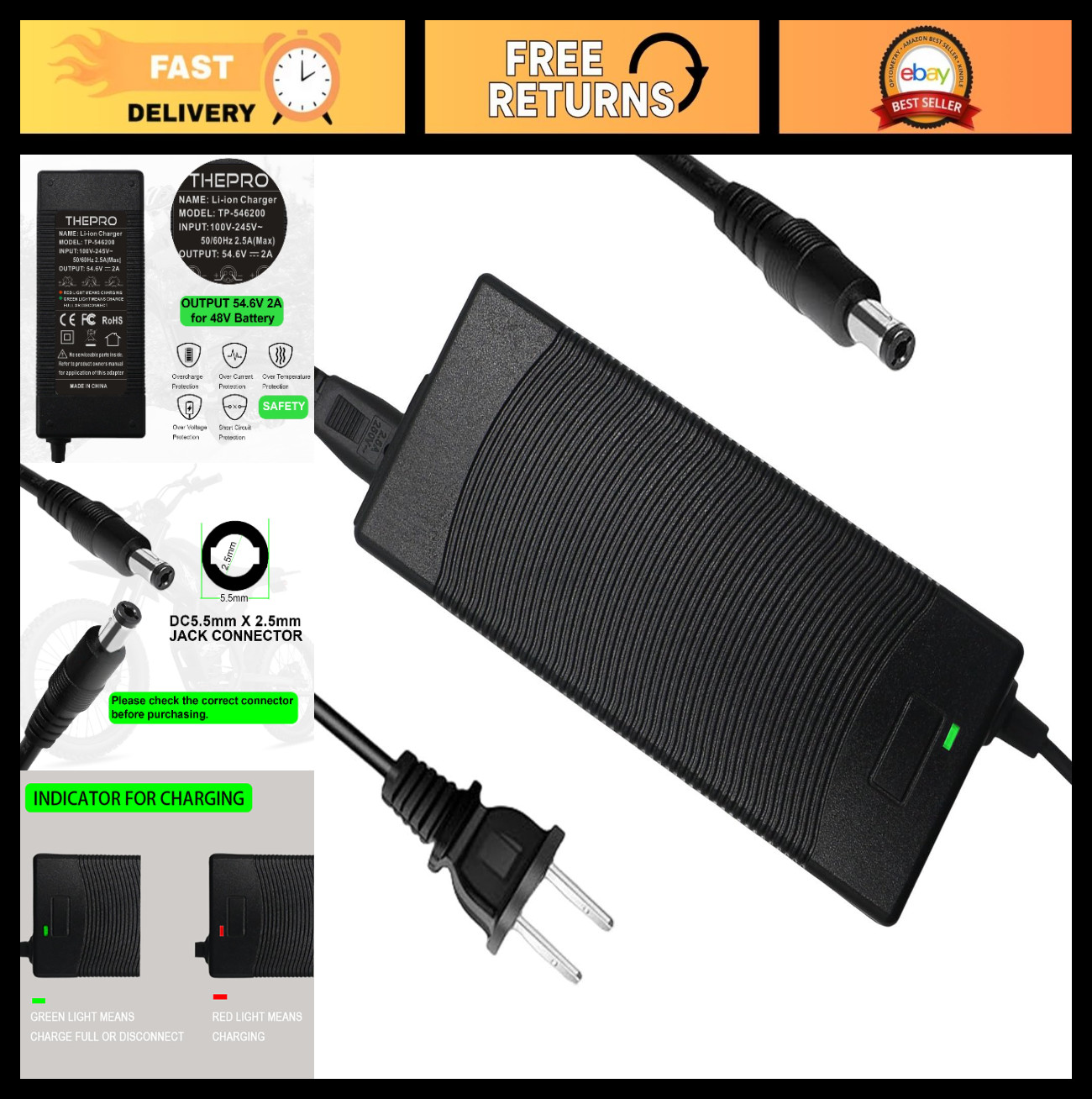 54.6V 2A Lithium Battery Charger for 48V Systems, Universal Power Adapter, 5.5mm
