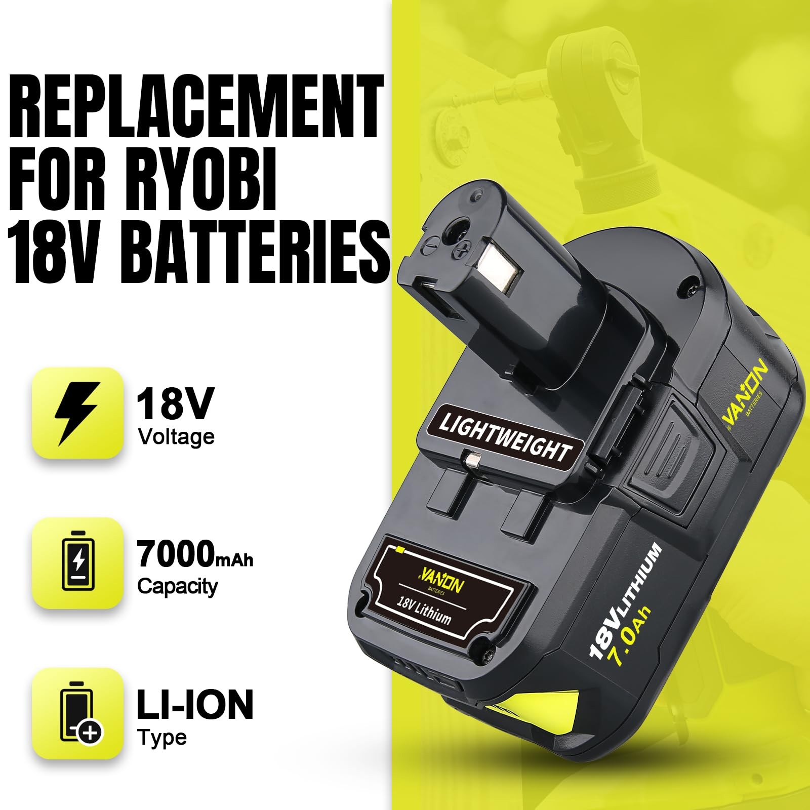 Vanon 7.0Ah Replacement For Ryobi 18V Battery Compatible Ryobi 18V Lithium