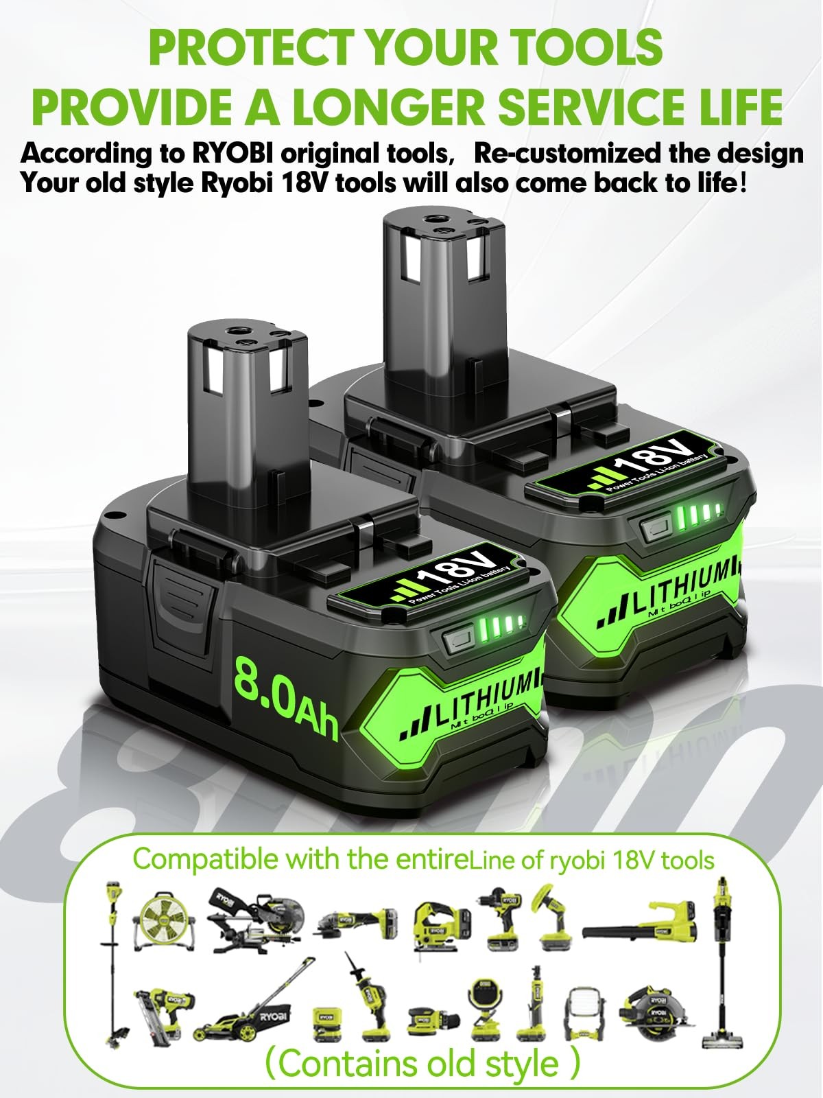 Junwood 2Pack 8000Mah Replacement For Ryobi 18V Battery 18 Volt Lithium Battery