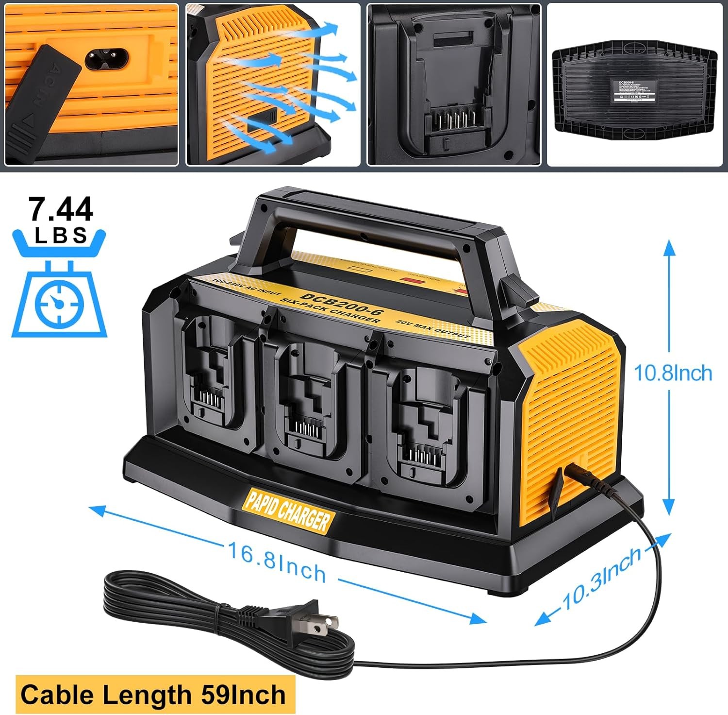 Ultra Fast 6-Ports Charger 3A Rapid Charger for Dewalt 20V Battery DCB200 DCB201
