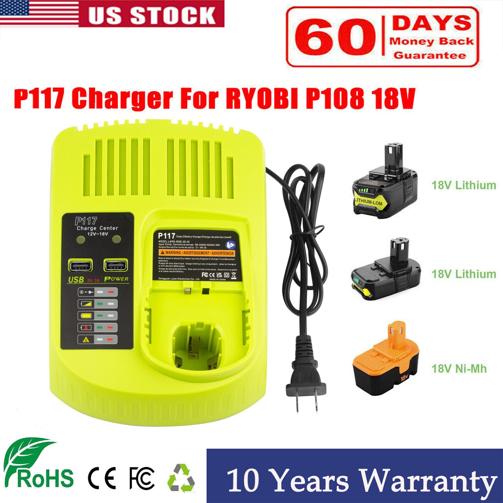 Rapid Charger P117 For RYOBI P108 18V One Plus High Capacity Lithium-ion Battery