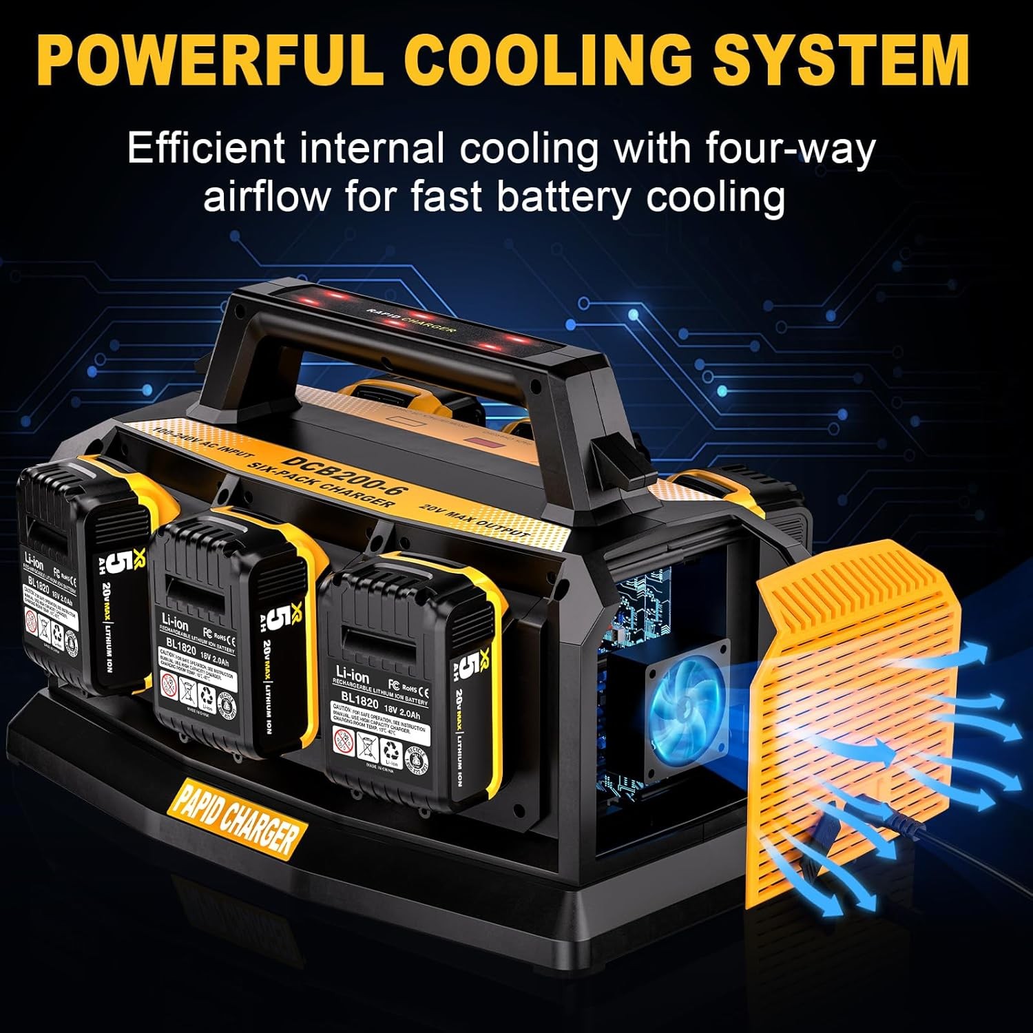 Ultra Fast 6-Ports Charger 3A Rapid Charger for Dewalt 20V Battery DCB200 DCB201
