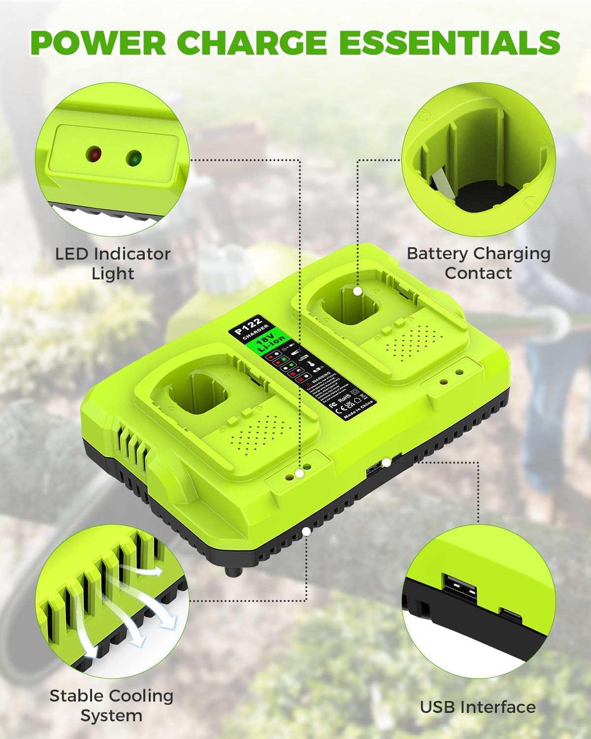 Replace Ryobi 18V Battery Charger,P117 Dual-Port Rapid Charger for Ryobi 12V-18V