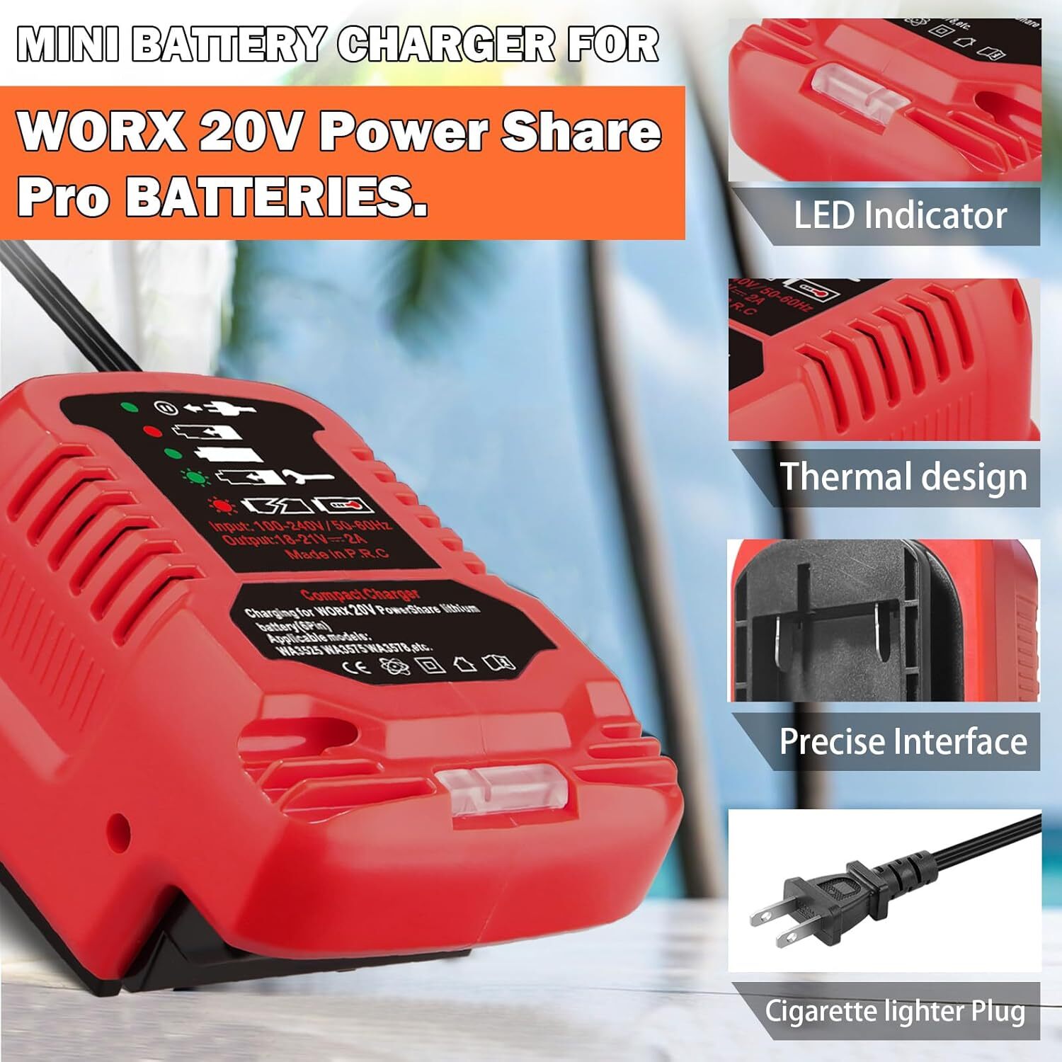 Portable Charger for Worx 20V Lithium Battery WA3742 WA3520 WA3525 WA3578 WA3732